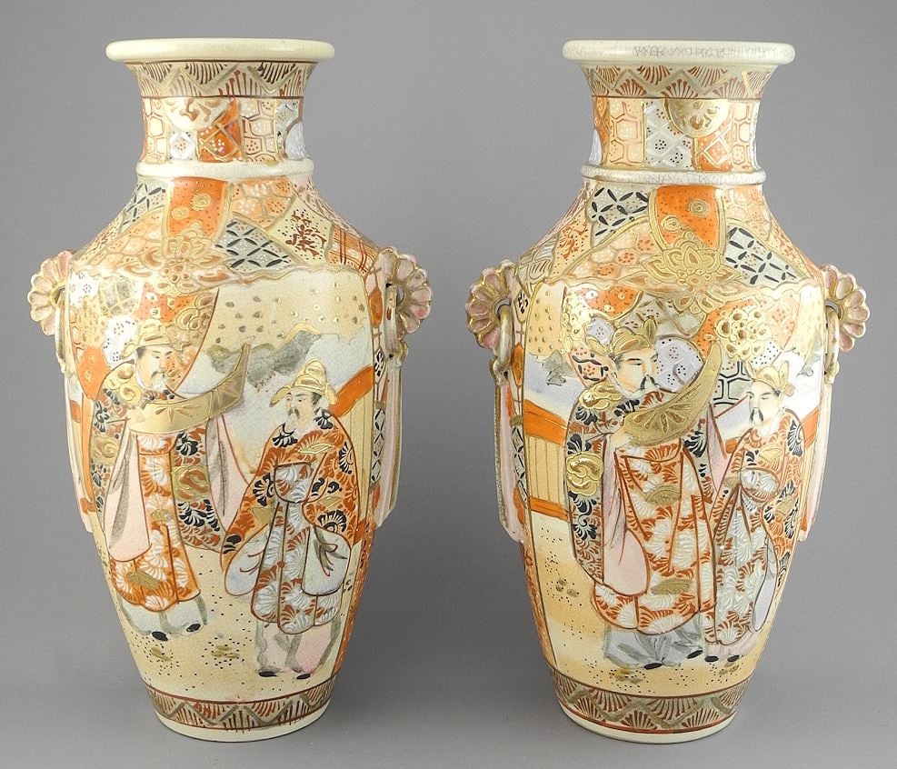 Pair of Satsuma Vases, 12 1/4"h (hairlines noted).: Pair of Satsuma Vases, 12 1/4"h (hairlines noted).