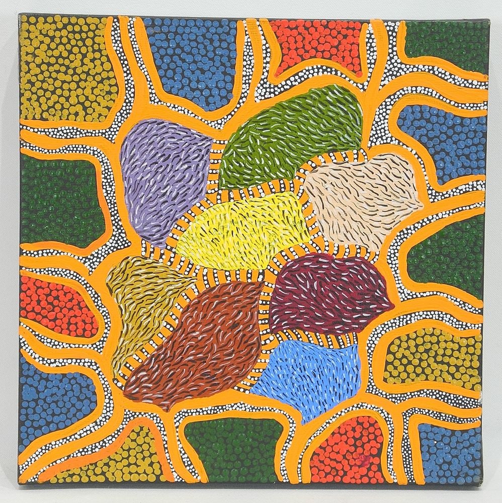 Australian Oil on Canvas signed Janet Tjitayi Verso, 11 3/4 x 11 3/4 ", "Untitled" 2013. (1 of 2)