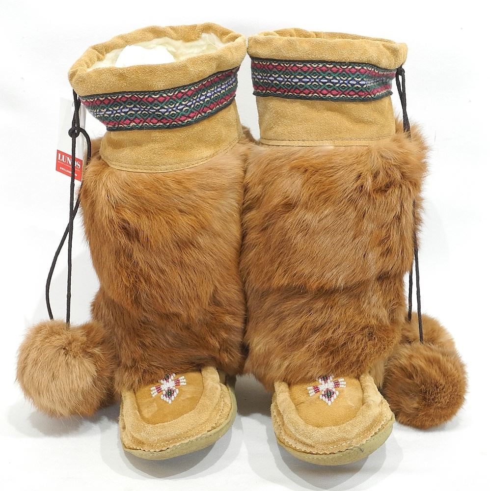 Pair of Beaded Fur Trimmed Mukluks, Tan, 10 1/2"L. (1 of 4)