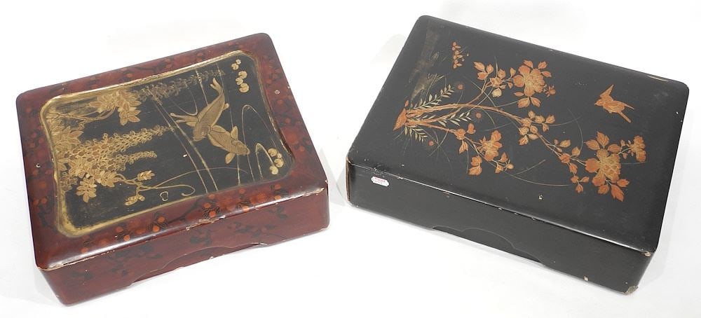 Japanese Lacquer "Koi" Box (3 1/4 x 10 3/4 x 13 1/8") & Another Damaged Box.: Japanese Lacquer "Koi" Box (3 1/4 x 10 3/4 x 13 1/8") & Another Damaged Box.