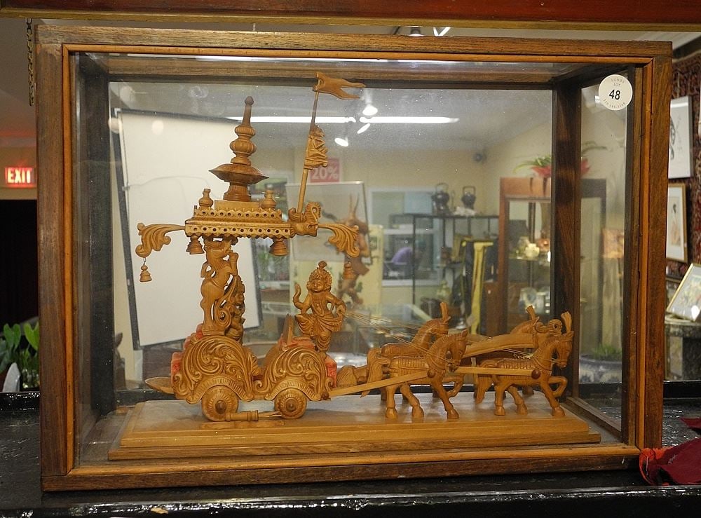 Thai Sandal Wood Diorama in Case, 13 7/8 x 19 1/2 x 9 1/8".: Thai Sandal Wood Diorama in Case, 13 7/8 x 19 1/2 x 9 1/8".