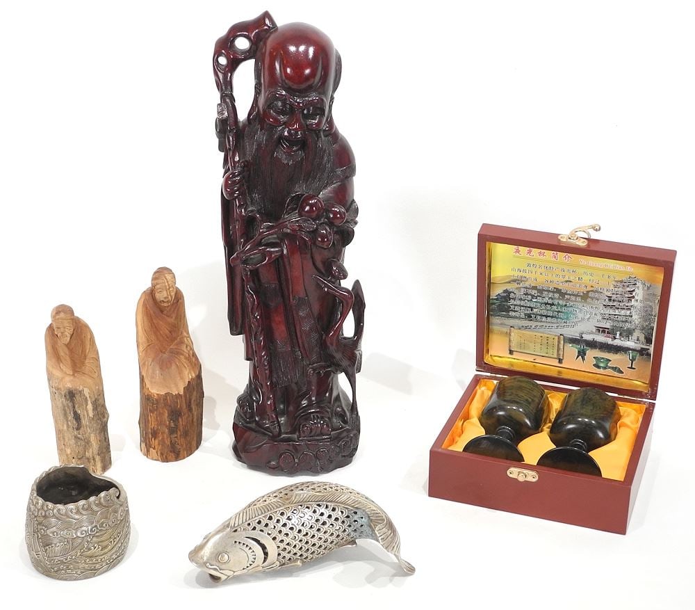 Chinese Hardwood Figure of Shou Lao (16 1/2"h) / White Metal Carp / Stone Cups / Wood Figures. (1 of 5)