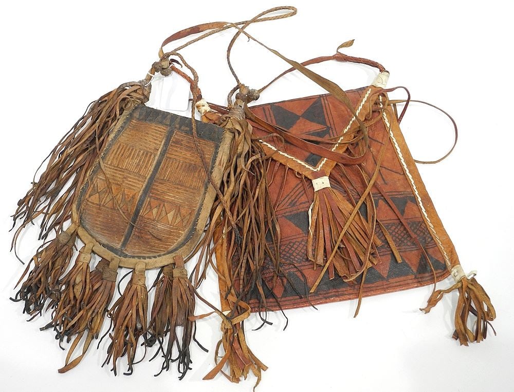 Two African Leather Pouches, 10 & 1 11 1/2"h. (1 of 2)