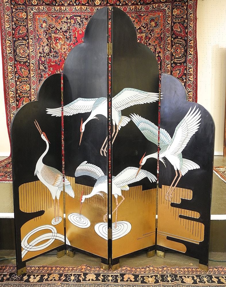 Chinese Black Lacquer Four Panel Screen, 72"h. (1 of 2)