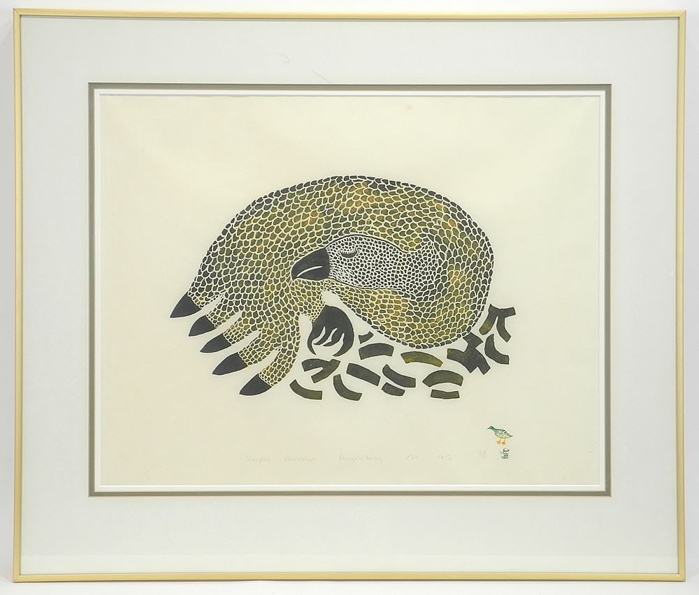 Pangnirtung Stencil by Lypa Pitsiulak, 18 x 23", "Sleeping Ptarmigan" #32/50. (1 of 4)
