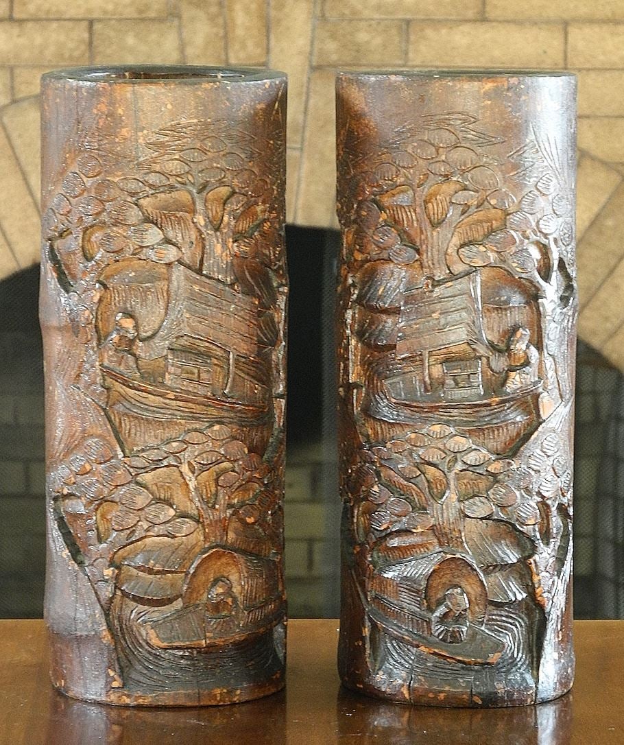 Pair of Chinese Carved Bamboo Vases, 11 7/8".: Pair of Chinese Carved Bamboo Vases, 11 7/8".