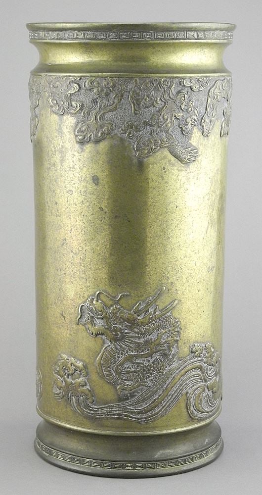 Japanese Bronze Cylinder Vase, Six Character Mark, 11 3/4"h. (1 of 8)