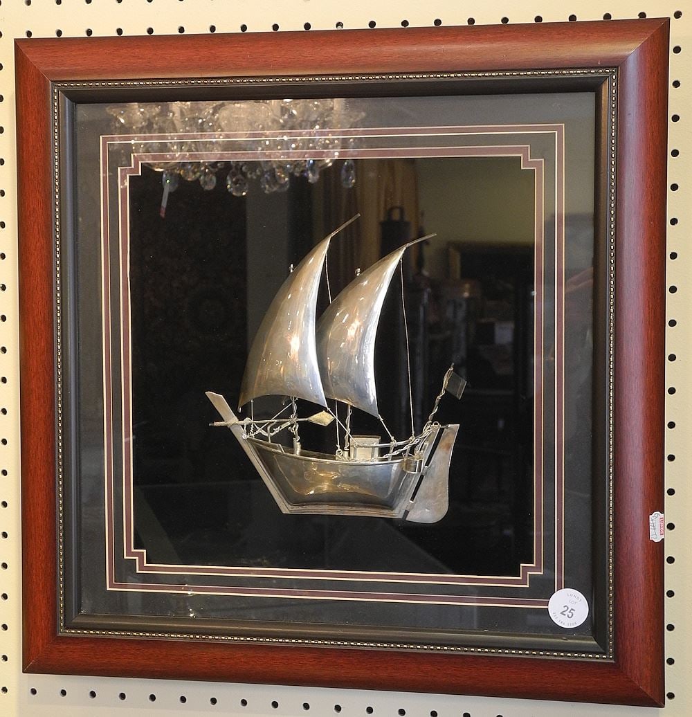 Sterling (marked 925) Silver Half- Hull Ship Model, 9 1/4"h, Framed. (1 of 2)