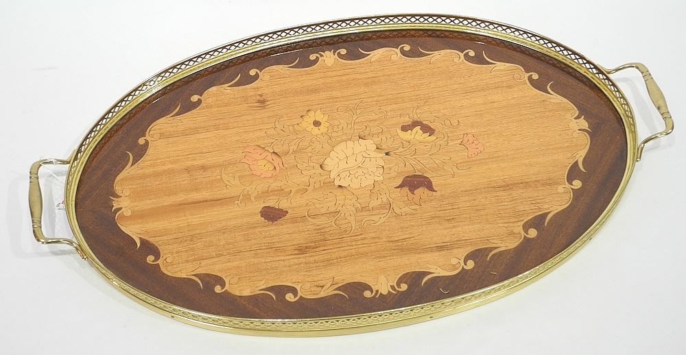 Birks Sorrentine Marquetry Oval Tray , 20 3/4"w.: Birks Sorrentine Marquetry Oval Tray , 20 3/4"w.