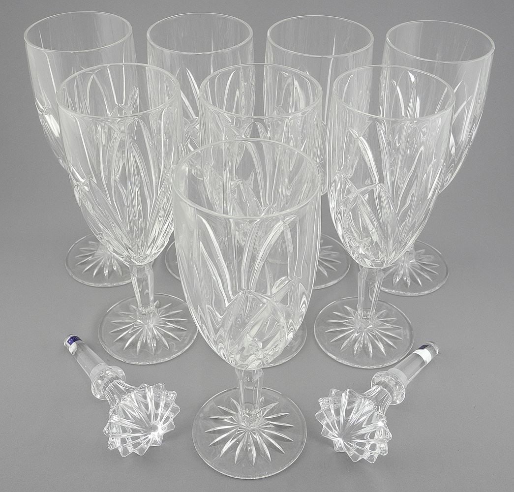 Eight Waterford Marquis Wine Glasses & Two Stoppers, 8 1/2"h.: Eight Waterford Marquis Wine Glasses & Two Stoppers, 8 1/2"h.