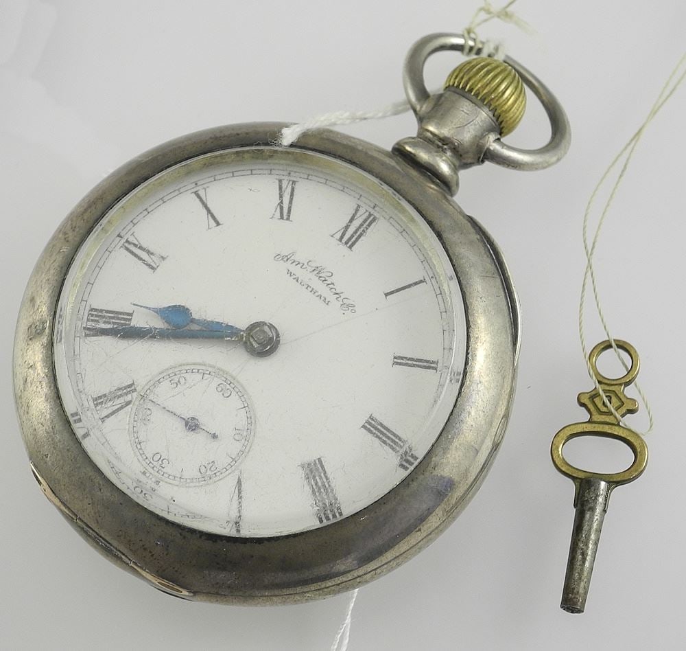 AM.Watchco.Walthum Pocket Watch in Bay State Imperial Coin Silver Case with Key, 198g.: AM.Watchco.Walthum Pocket Watch in Bay State Imperial Coin Silver Case with Key, 198g.
