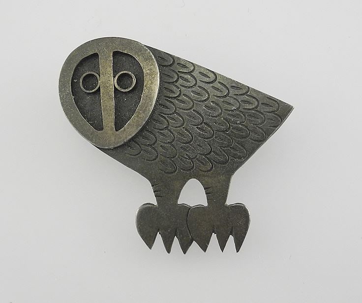 Modernist Sterling (marked & signed) Silver Owl Brooch, 1 1/4"h, 9.0g. (1 of 3)