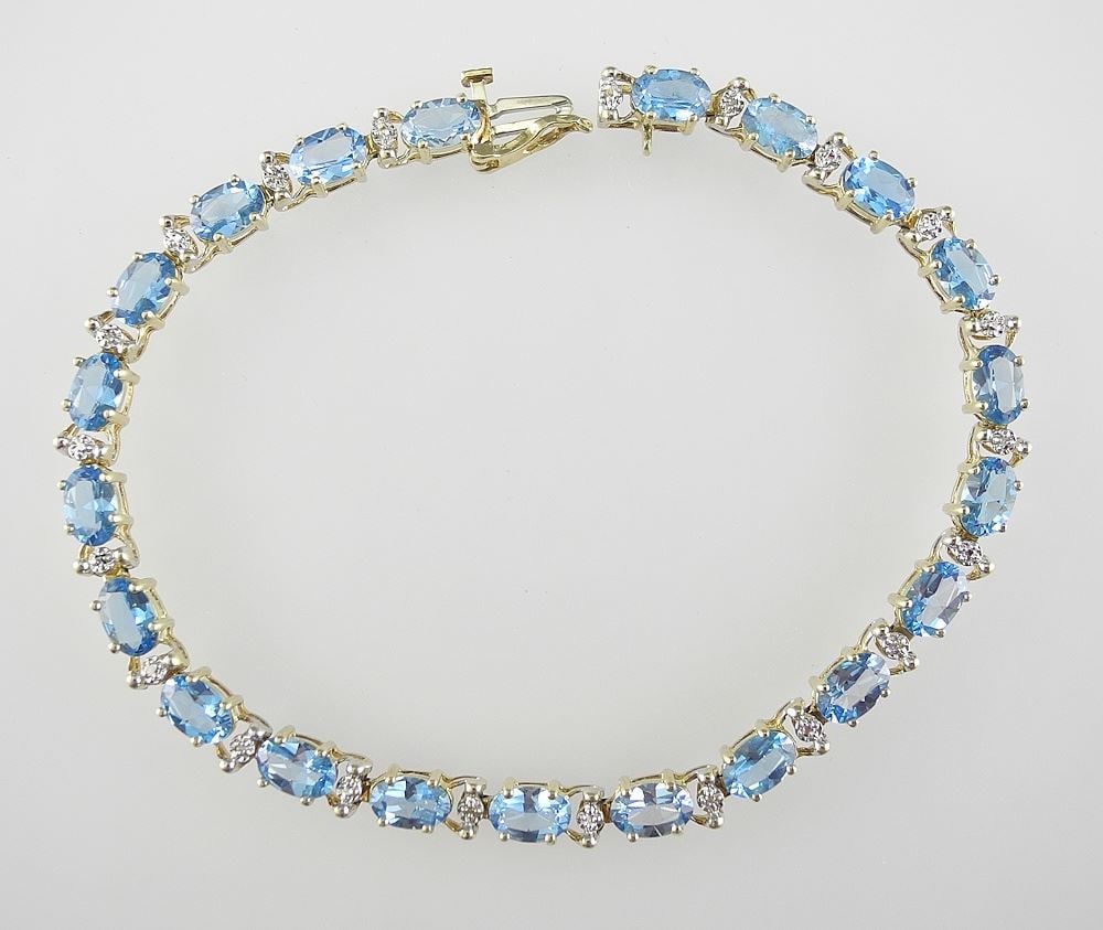 10K (marked) Gold Swiss Blue Topaz & Diamond Accent Tennis Bracelet, 7 1/2"L, 8.6g. (1 of 3)