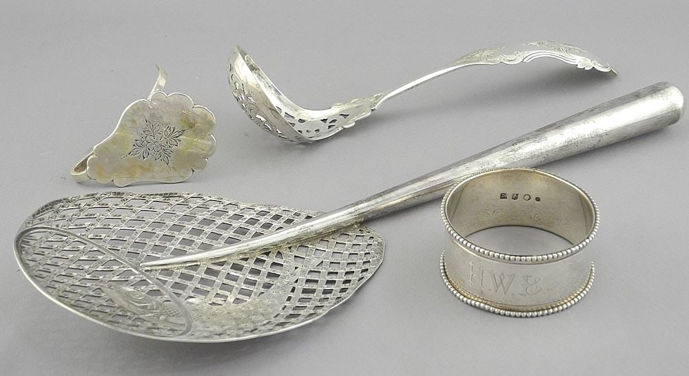 Four Dutch Silver Items Including Net Motif Skimmer, 1st & 2nd Standard, 11 1/8"L, TW 215 (1 of 3)