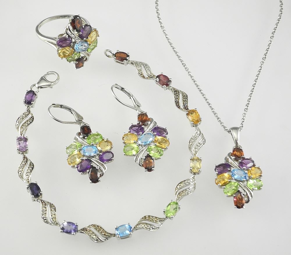 Sterling (marked 925) & Semi- Precious Multi Gemstone Parure, 17"L , Size 8. (1 of 5)