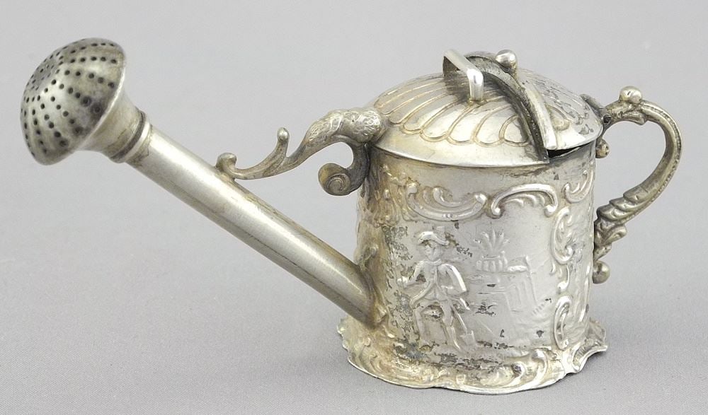 Miniature European Silver (marked) Watering Can Table Lighter, 3 5/8"L, 44g.: Miniature European Silver (marked) Watering Can Table Lighter, 3 5/8"L, 44g.