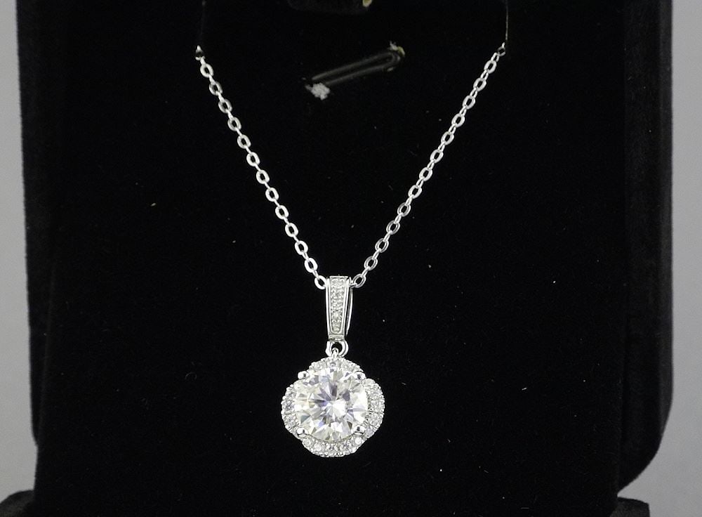 2ct Moissanite Wave Halo Necklace, 15-16"L, Sterling Silver with White Gold Overlay with COA.: 2ct Moissanite Wave Halo Necklace, 15-16"L, Sterling Silver with White Gold Overlay with COA.