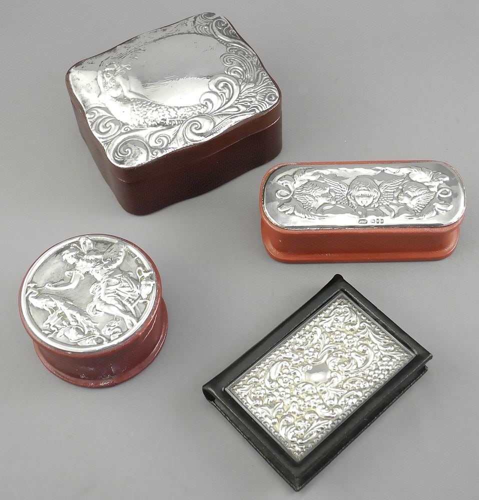 3 Hallmarked Silver Mounted Boxes: John Bull Ltd./London & Birthday Book, 2 1/2 - 3 3/4" Wide. (1 of 4)