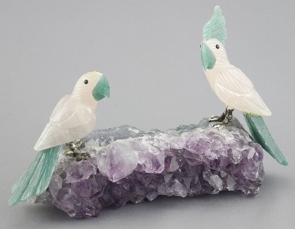 Mexican Amethyst & Rose Quartz "Parrots" Diorama, 3 1/2 x 5 1/8 x 1 1/2".: Mexican Amethyst & Rose Quartz "Parrots" Diorama, 3 1/2 x 5 1/8 x 1 1/2".