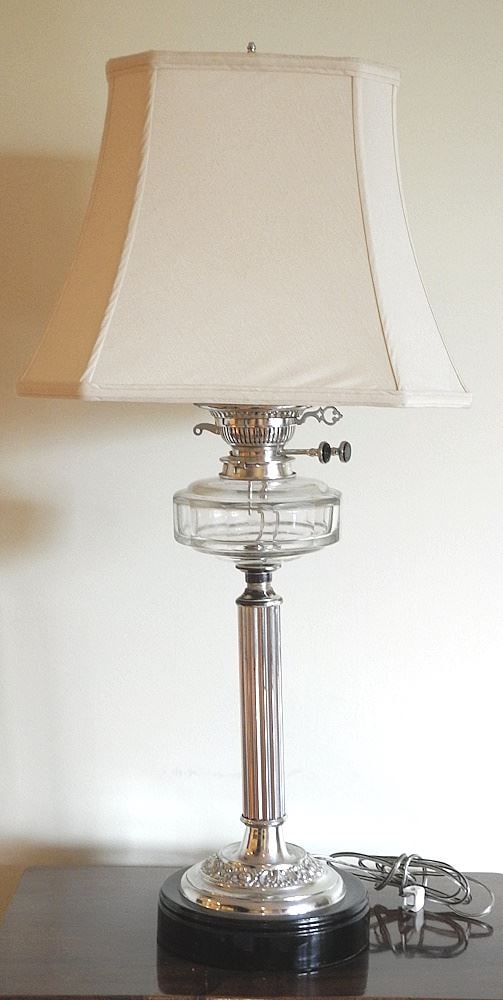 Silver Plated Oil Lamp Converted To Electricity, 30" With Shade (1 of 6)