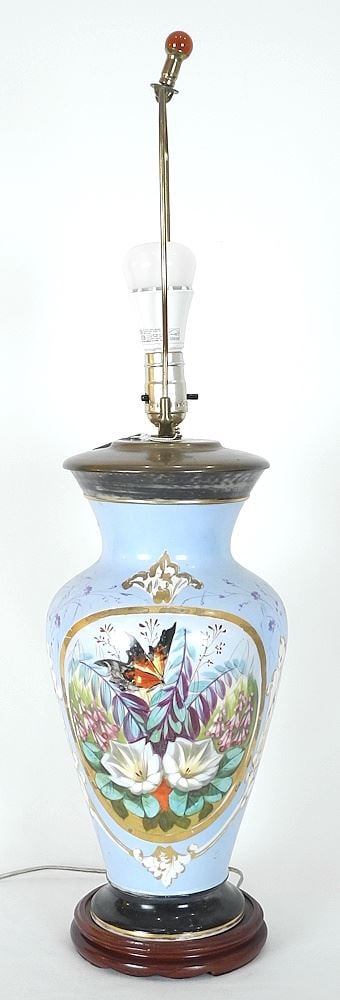 19th Century Floral Painted Porcelain Vase Converted to a Lamp, 30" to Finial: 19th Century Floral Painted Porcelain Vase Converted to a Lamp, 30" to Finial