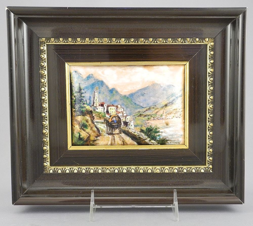 Limoges Enamel Plaque, 3 3/4 x 5 3/8 ", "Wagon Approaching Town".: Limoges Enamel Plaque, 3 3/4 x 5 3/8 ", "Wagon Approaching Town".