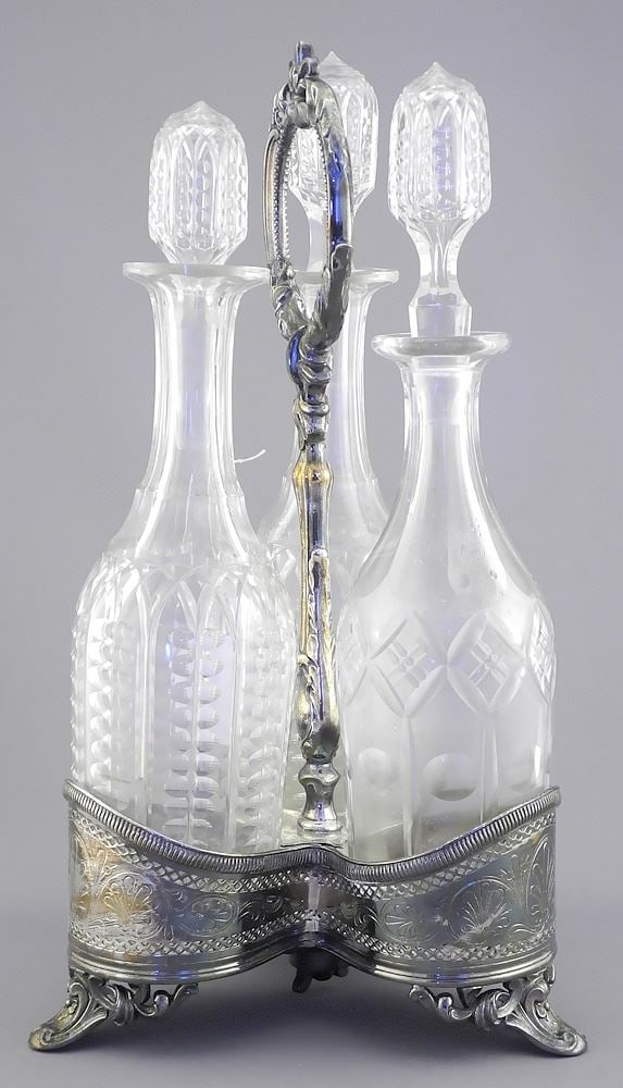 Silver Plated Triple Bottle Decanter Stand, 14 1/2"h (one odd bottle/one bottle somewhat repaired). (1 of 7)