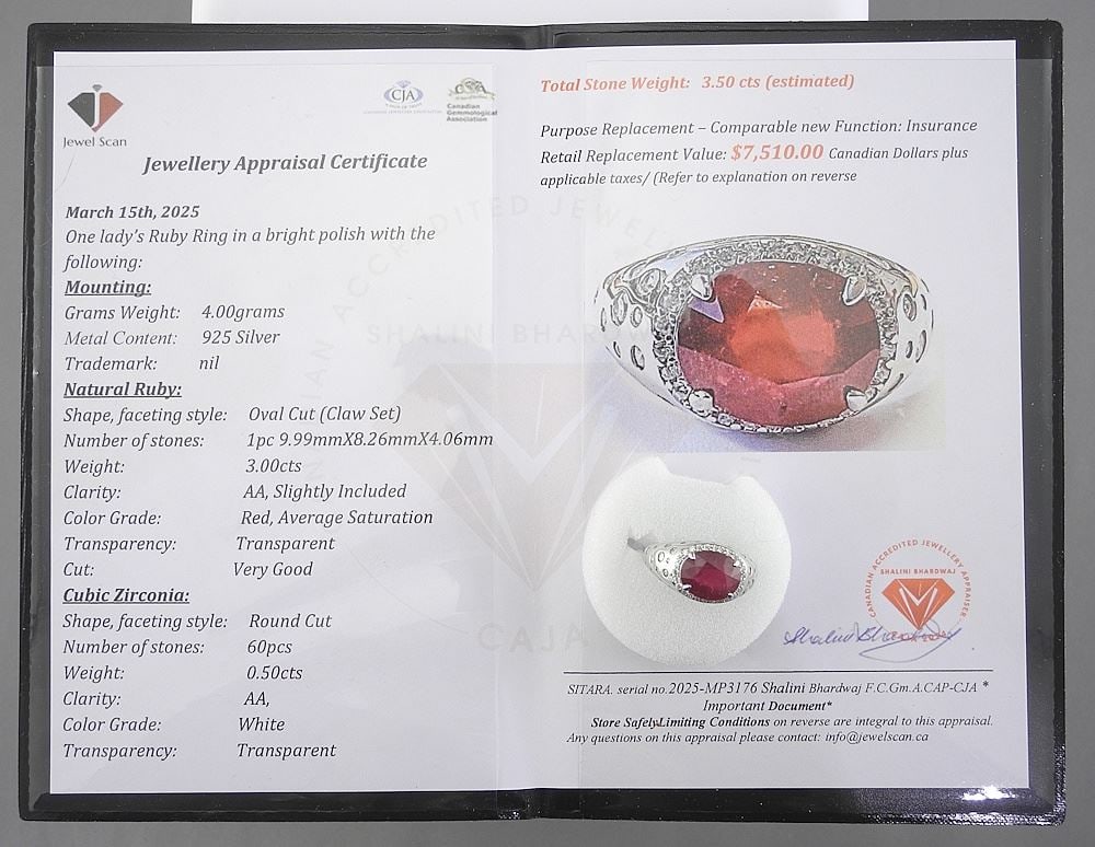 Ruby Ring Set in Sterling Silver (marked S925), Size 6 1/4 with Appraisal ($7,510.00). (1 of 6)