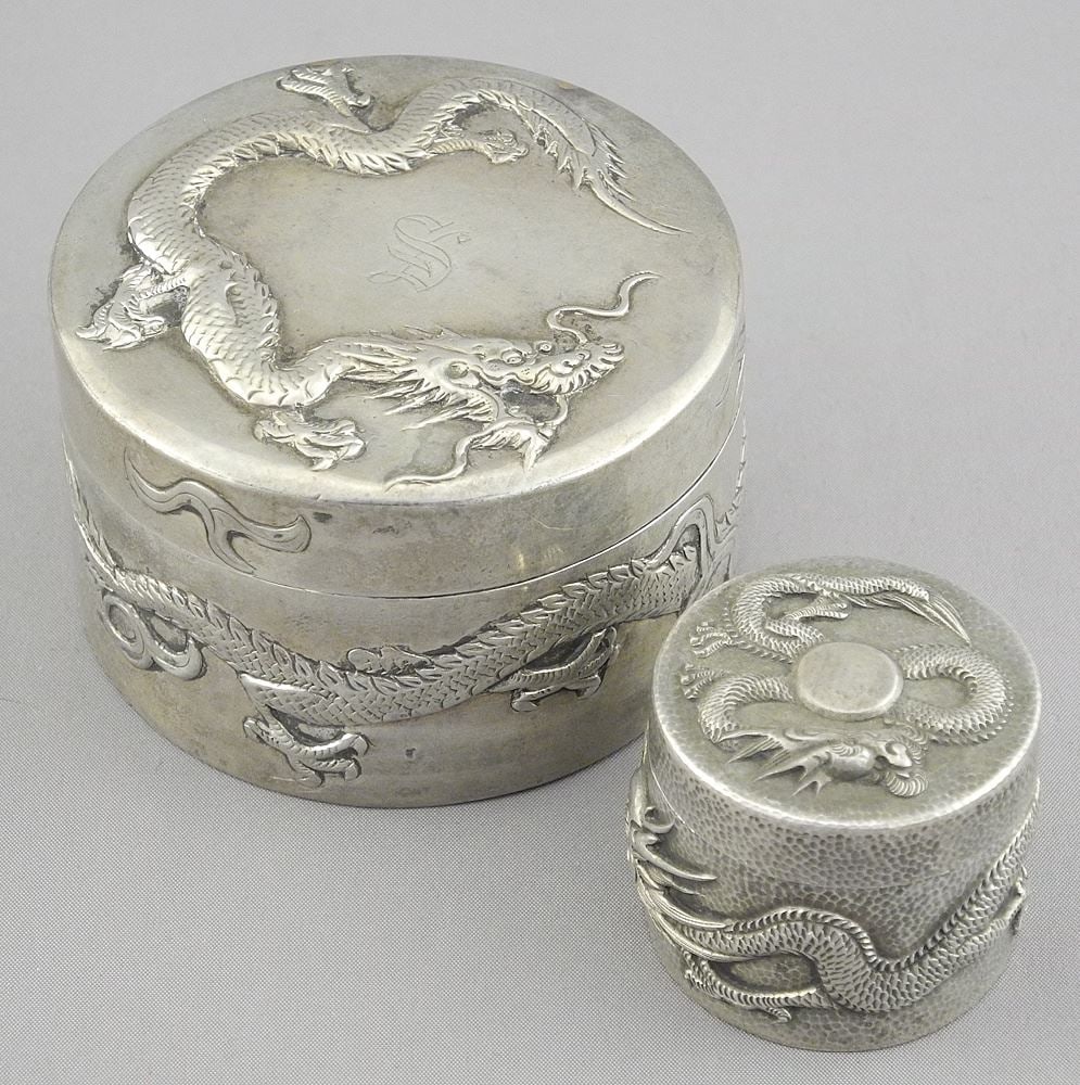 Two Chinese Export Silver Boxes, Marked WH (Wang Hing) 90, 1 1/8 & 1 5/8"h, 111g. (1 of 5)