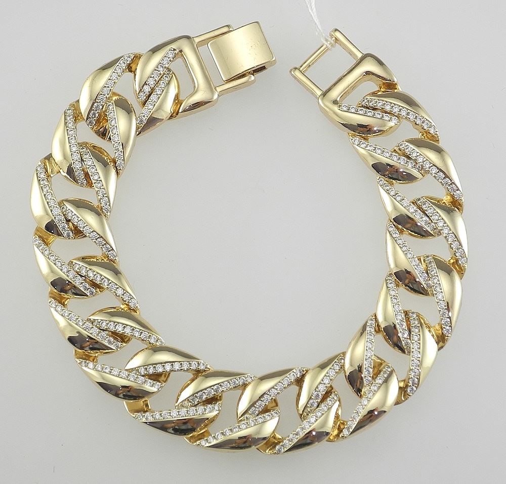 18K Gold Plated 14mm Iced Out Cuban Link Bracelet, 8"L.: 18K Gold Plated 14mm Iced Out Cuban Link Bracelet, 8"L.