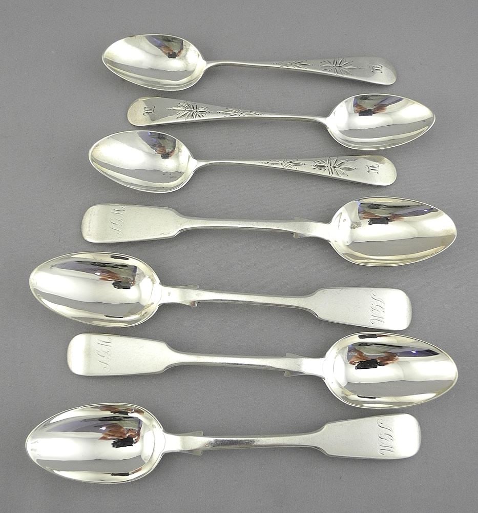 Seven Canadian Silver Teaspoons: Savage & Lyman (4) C.1850 & J.Leslie (3) C.1876, TW 126g, Toron: Seven Canadian Silver Teaspoons: Savage & Lyman (4) C.1850 & J.Leslie (3) C.1876, TW 126g, Toron