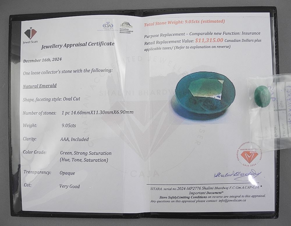 Oval Cut 9.05ct Emerald Gemstone with Appraisal ($11,315.00). (1 of 3)