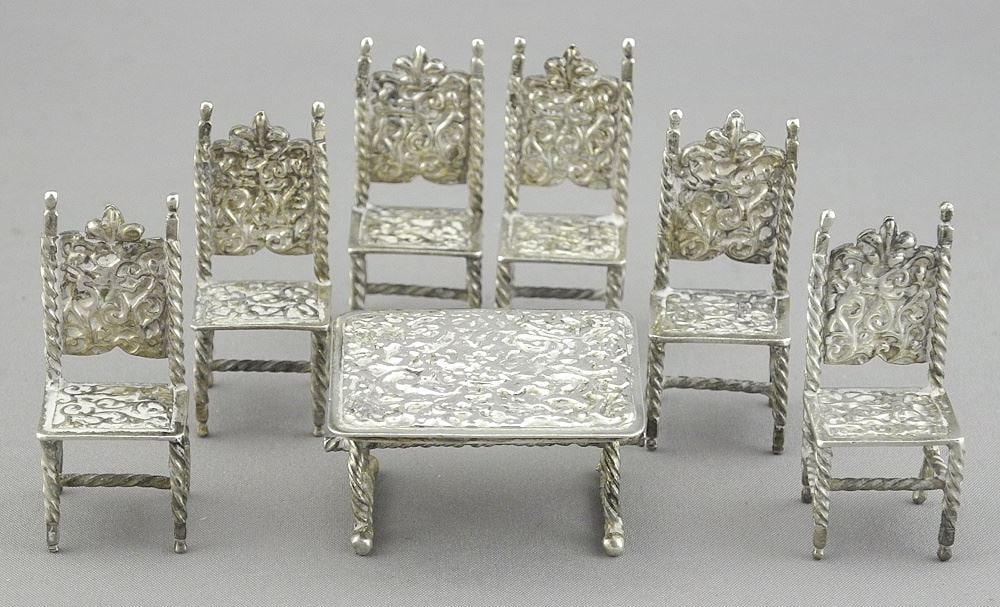 Dutch 2nd Standard Silver (.833) Miniature Table & Chairs, 1 1/2"h, 50g. (1 of 3)