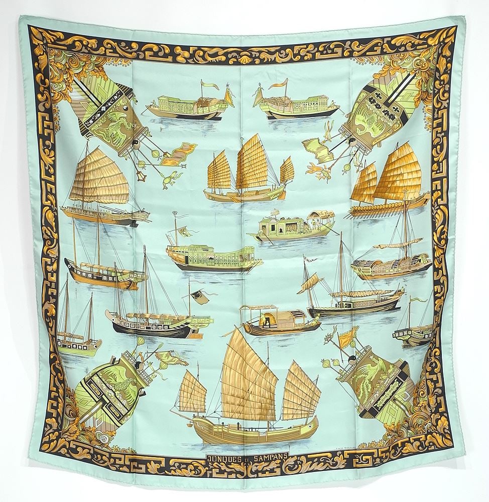 Hermes "Junques et Sampans" Silk Scarf Design: F.deLaPierre, 34 x 34": Hermes "Junques et Sampans" Silk Scarf Design: F.deLaPierre, 34 x 34"