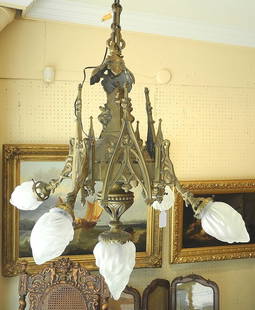 Gothic Bronze Light Fixture, Marked NB HL3390, Fixture with Shade 30".: Gothic Bronze Light Fixture, Marked NB HL3390, Fixture with Shade 30".