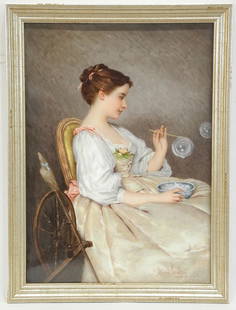 Continental Porcelain Plaque signed Harry Coulson After Chaplin, 11 1/2 x 8 1/4", "Blowing Bubbles: Continental Porcelain Plaque signed Harry Coulson After Chaplin, 11 1/2 x 8 1/4", "Blowing Bubbles