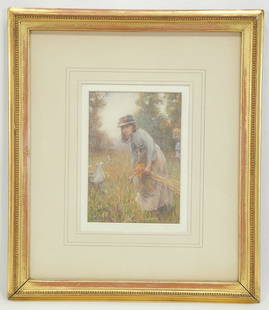 Watercolour signed Max Ludby 1901, 6 3/4 x 4 7/8", "Gleaners", Labeled Verso.: Watercolour signed Max Ludby 1901, 6 3/4 x 4 7/8", "Gleaners", Labeled Verso.
