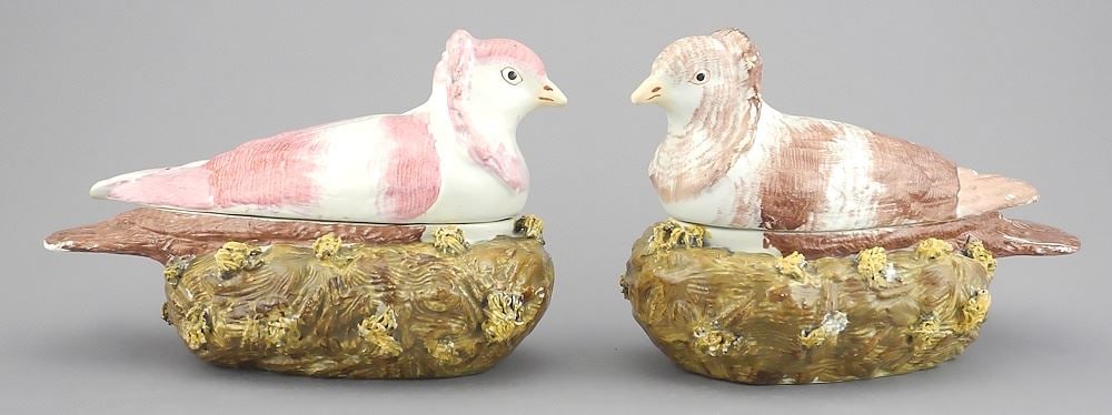 Pair of Victorian Staffordshire Pearlware Nesting Dove Tureens, 6 1/2".: Pair of Victorian Staffordshire Pearlware Nesting Dove Tureens, 6 1/2".