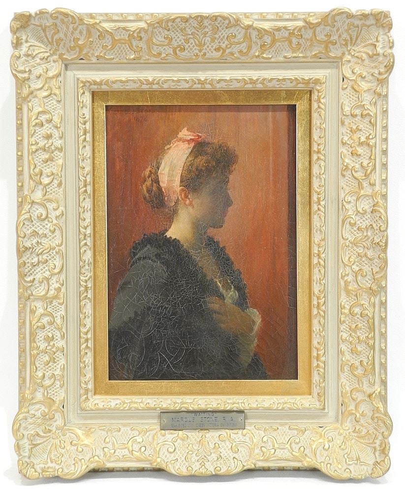 Oil on Canvas signed Marcus Stone 1878, 9 1/2 x 6 1/2", "Waiting". (1 of 10)