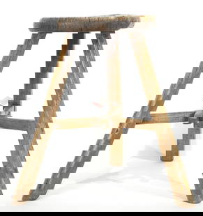 Primitive Elm Top Milking Stool, 20 1/4"h, Interesting Joinery Noted (one leg burnt).: Primitive Elm Top Milking Stool, 20 1/4"h, Interesting Joinery Noted (one leg burnt).