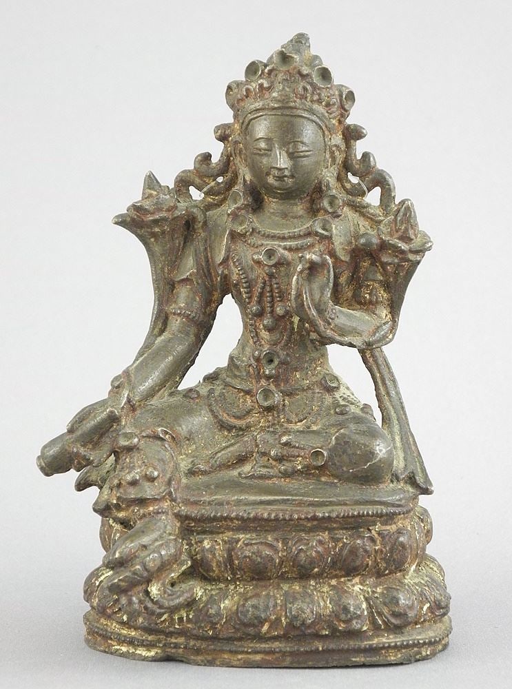 Old Copper Alloy Green Tara with Traces of Red Pigment, 4 3/8"h, 288g (1 of 5)