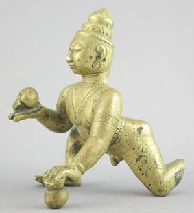 Antique Brass Figure of Bal Krishna, 3 5/8"h, 454g (foot missing).: Antique Brass Figure of Bal Krishna, 3 5/8"h, 454g (foot missing).
