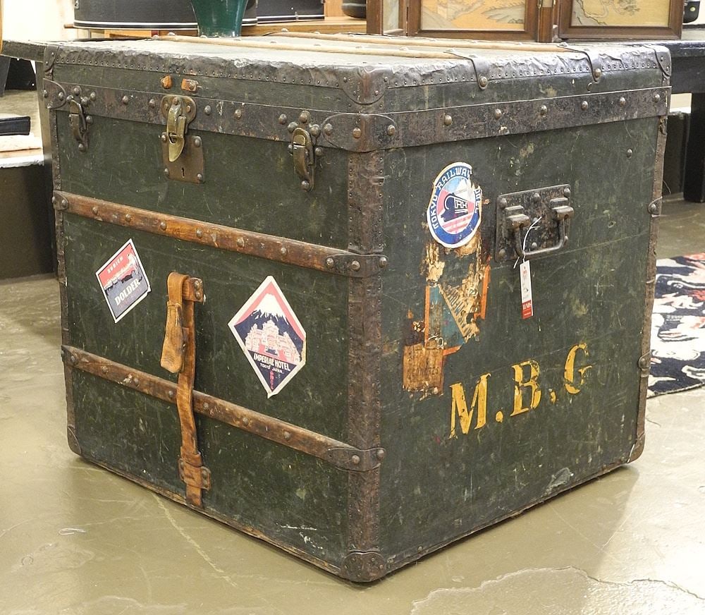 Louis Vuitton Green Steamer Trunk, Serial 161781, 25 x 26 1/2 x 24 3/4" (as found). (1 of 9)
