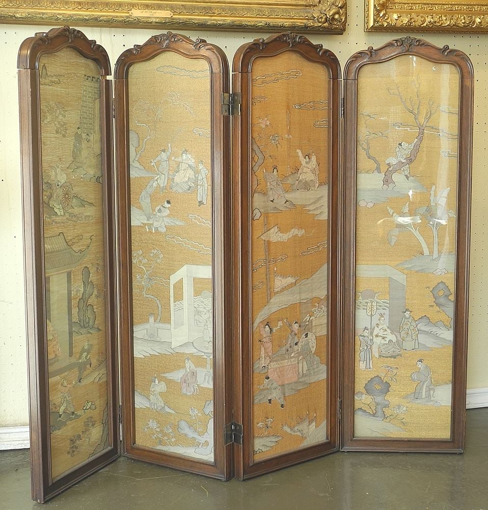 Louis XV Style 4 Panel Screen Containing Chinese Kesi Silk Panels, each 43" x 13". (1 of 8)