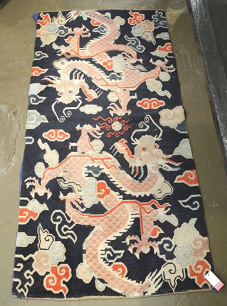 Tibetan Dragon Carpet Tapestry, 32 x 66" (condition noted).: Tibetan Dragon Carpet Tapestry, 32 x 66" (condition noted).