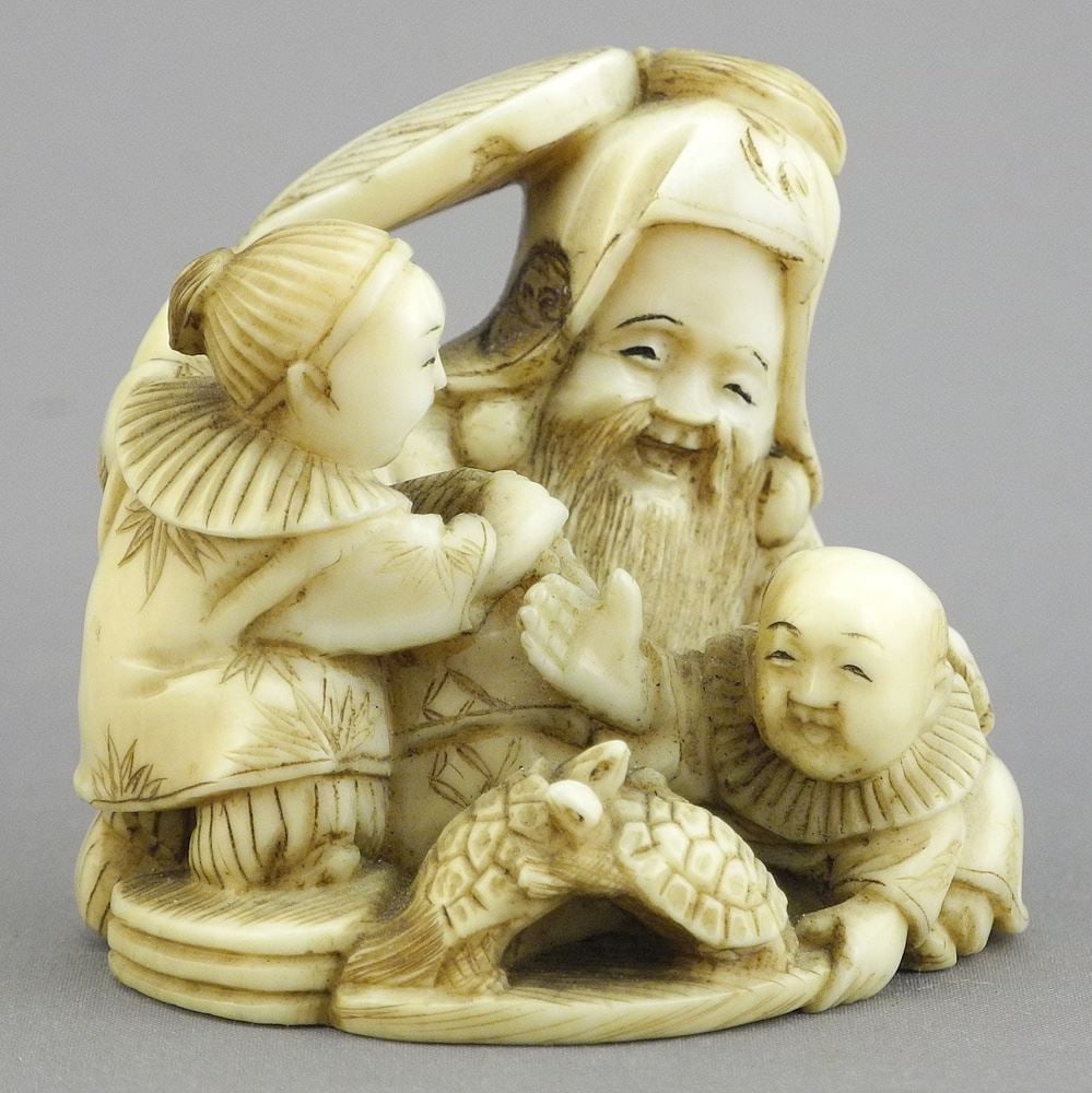 Japanese Netsuke, signed, "Children & Turtles Wrestling", 1 3/4"h, 63.9g , NO EXPORT. (1 of 6)