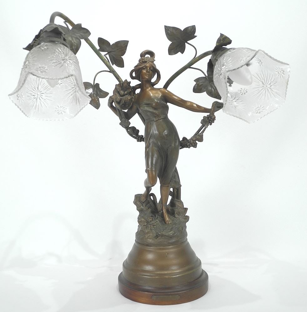 Spelter Art Nouveau Figural Lamp "Printemps Par Clemence Paris".: Spelter Art Nouveau Figural Lamp "Printemps Par Clemence Paris".