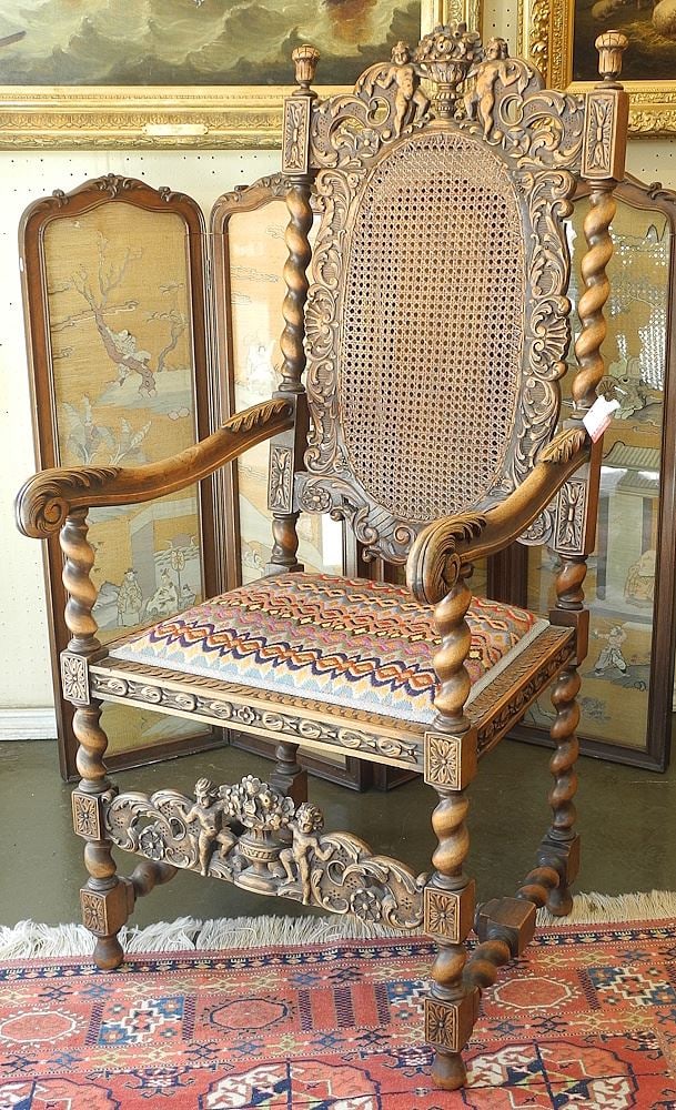 Ornately Carved Continental Walnut Armchair, 51 1/2"h. (1 of 7)