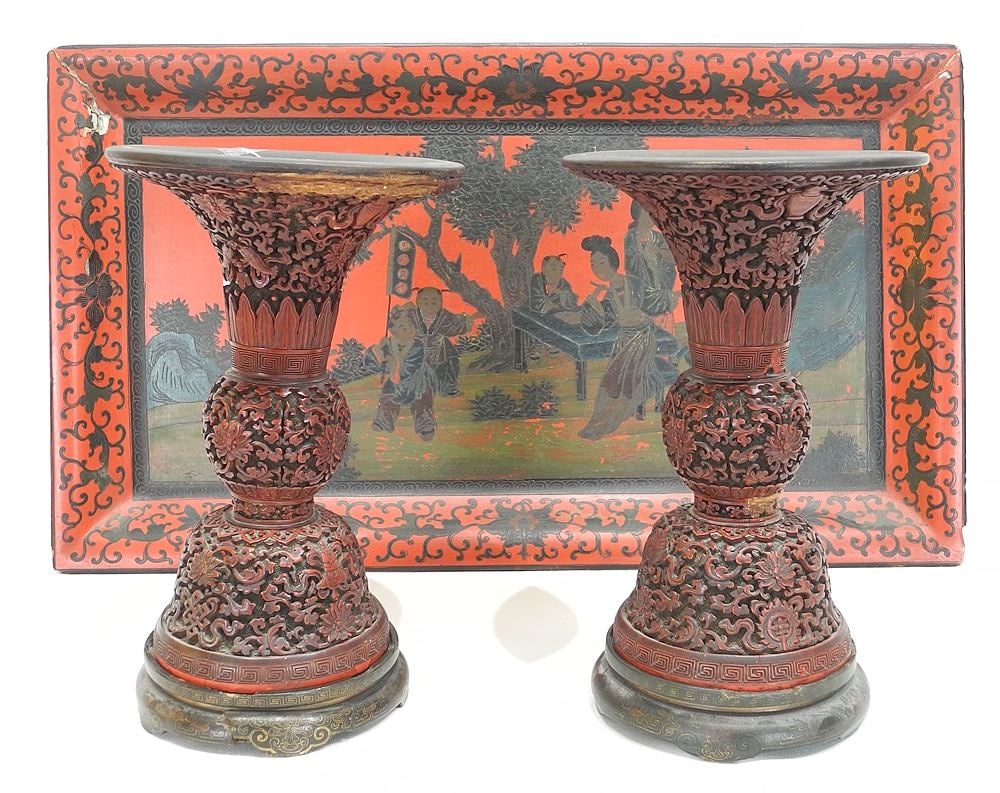 Pair of Cinnabar Lacquer Altar Vases (9 3/4" H.) on Stands, Qianlong Mark, with Tray. (1 of 20)
