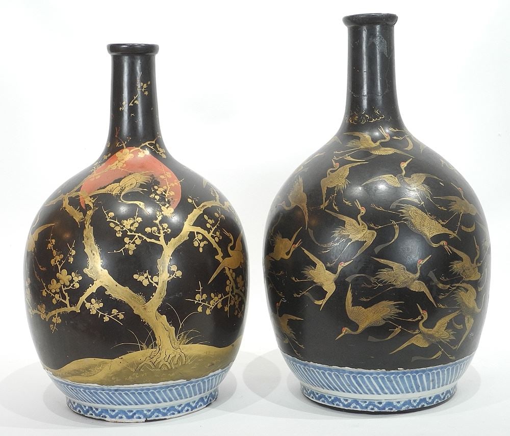 Pair of Japanese Blue & White Porcelain Lacquered Vases, 16 1/2 & 15 1/2"h (1 rim restored).: Pair of Japanese Blue & White Porcelain Lacquered Vases, 16 1/2 & 15 1/2"h (1 rim restored).